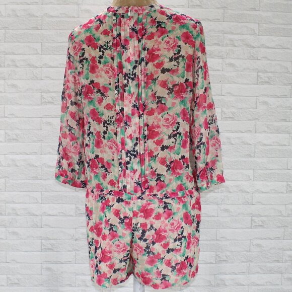 JOIE Romper Silk Floral Long Sleeve Pleated Summer Loungewear Printed Pink Small - Picture 4 of 13